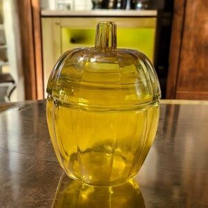 Yellow Glass Pumpkin-Shaped Lidded Candy Dish Vintage 5 Inches Autumn Fall Decor
